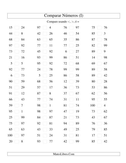 La hoja de ejercicios de Comparar Números Hasta 100 (I)