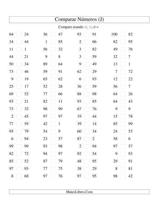 La hoja de ejercicios de Comparar Números Hasta 100 (J)