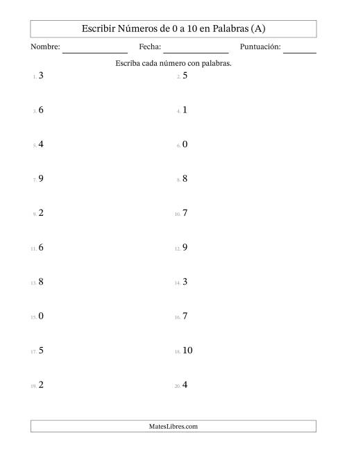 La hoja de ejercicios de Escribir Números de Números de 0 a 10 en Palabras (A)