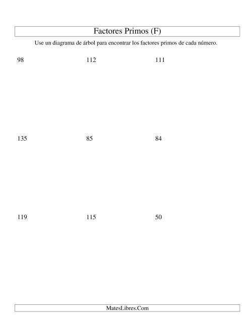La hoja de ejercicios de Hallar Factores Primos con un Diagrama de Árbol (de 4 a 144) (F)