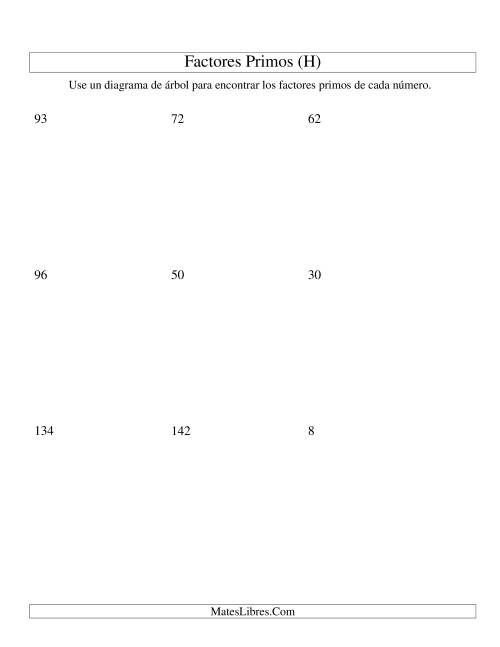 La hoja de ejercicios de Hallar Factores Primos con un Diagrama de Árbol (de 4 a 144) (H)