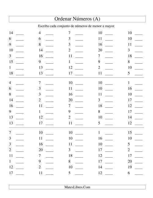 La hoja de ejercicios de Ordenar Números (de 1 a 20) (Todas)