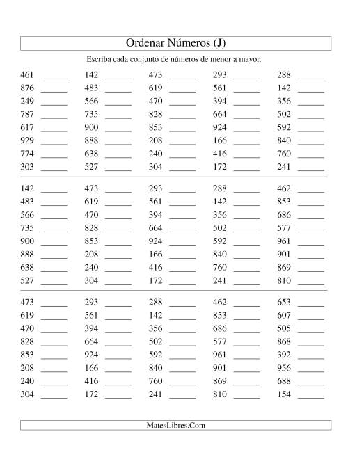 La hoja de ejercicios de Ordenar Números (de 100 a 999) (J)