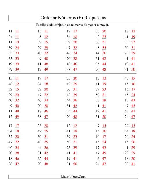La hoja de ejercicios de Ordenar Números (de 10 a 50) (F) Página 2