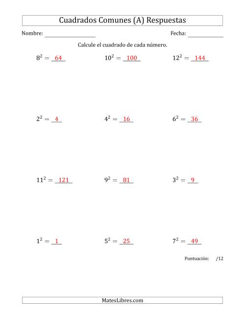 La hoja de ejercicios de Cuadrados de Números entre 1 y 12 (A) Página 2