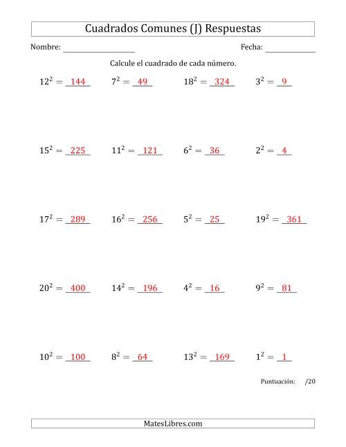 La hoja de ejercicios de Cuadrados de Números entre 1 y 20 (J) Página 2