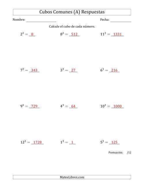 La hoja de ejercicios de Cubos de los números de 1 a 12 (A) Página 2