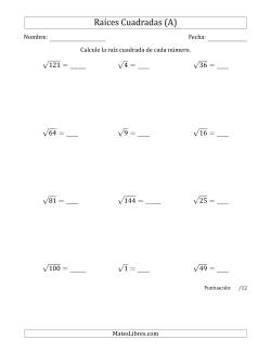 Raíces Cuadradas de 1 a 12