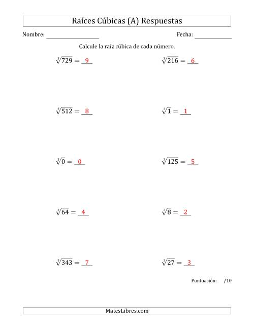 La hoja de ejercicios de Raíces cúbicas con números de 0 a 9 (A) Página 2