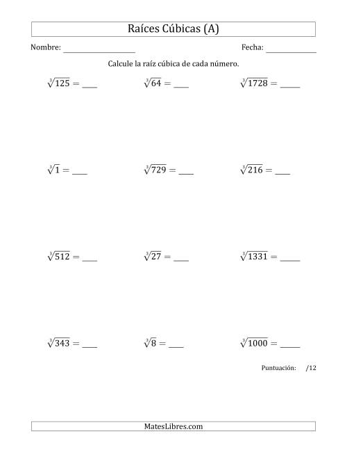 La hoja de ejercicios de Raíces cúbicas con números de 1 a 12 (A)