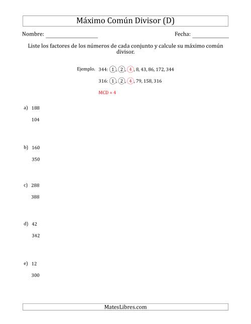 La hoja de ejercicios de Calcular el Máximo Común Divisor de Dos Números entre 4 y 400 (D)