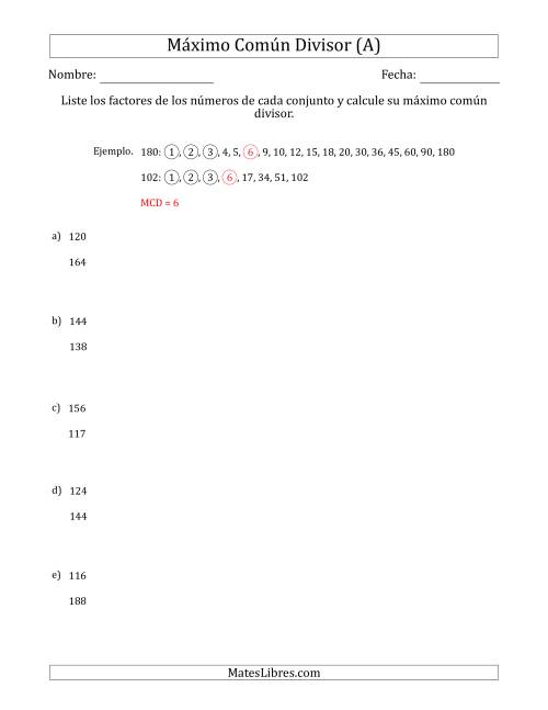 La hoja de ejercicios de Calcular el Máximo Común Divisor de Dos Números entre 100 y 200 (A)