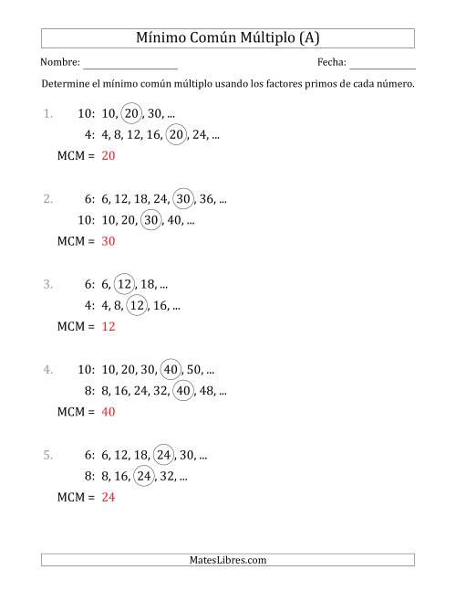 La hoja de ejercicios de Mínimo Común Múltiplo de Números hasta 10 (el MCM es distinto de los números y de su producto) (A) Página 2