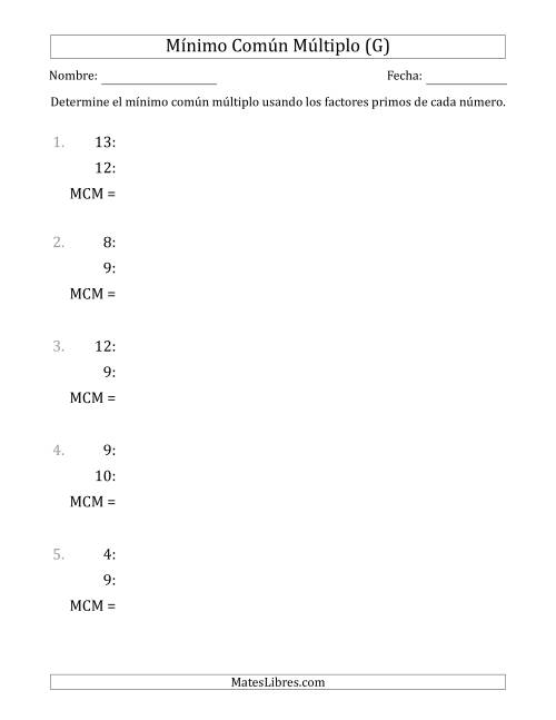 La hoja de ejercicios de Mínimo Común Múltiplo de Números hasta 15 (el MCM es distinto de los números) (G)
