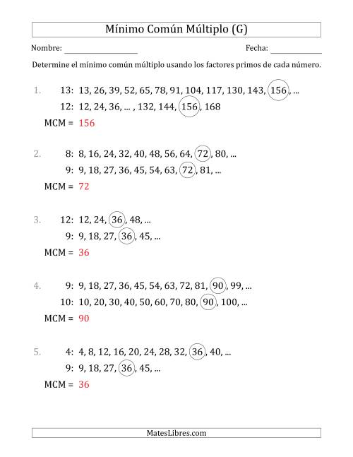 La hoja de ejercicios de Mínimo Común Múltiplo de Números hasta 15 (el MCM es distinto de los números) (G) Página 2