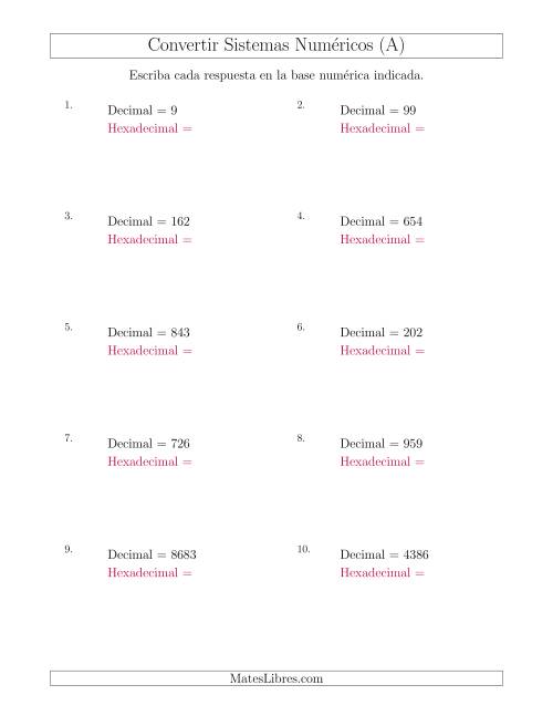 La hoja de ejercicios de Convertir del Sistema Decimal al Sistema Hexadecimal (Todas)
