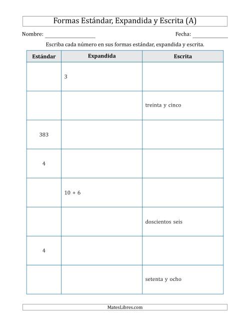 La hoja de ejercicios de Convertir entre las Formas Estándar, Expandida y Escrita (1 Dígitos a 3 Dígitos) (A)