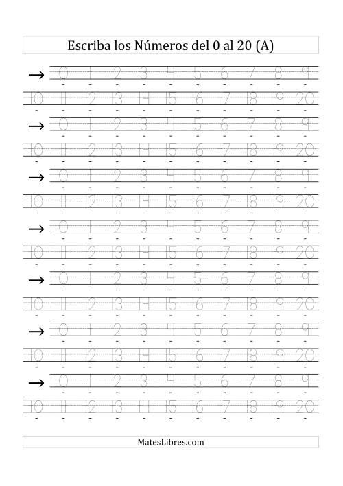 La hoja de ejercicios de Escribir Dígitos y Números hasta 20, Tamaño de Letra 36pts (A)