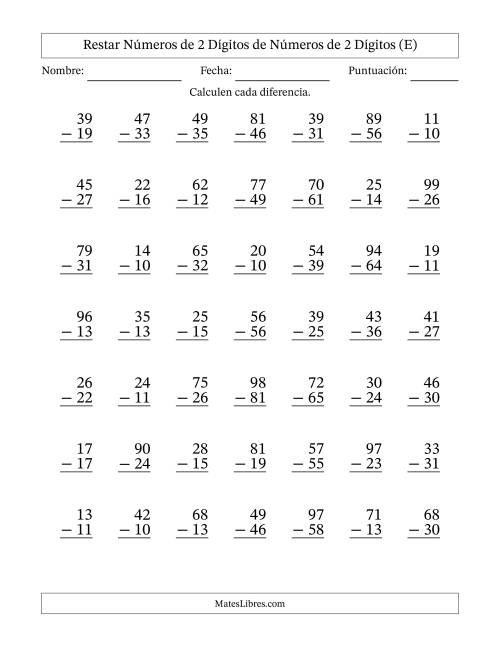La hoja de ejercicios de Restar números de 2 dígitos de números de 2 dígitos, con acarreo en algunas preguntas (49 preguntas) (E)