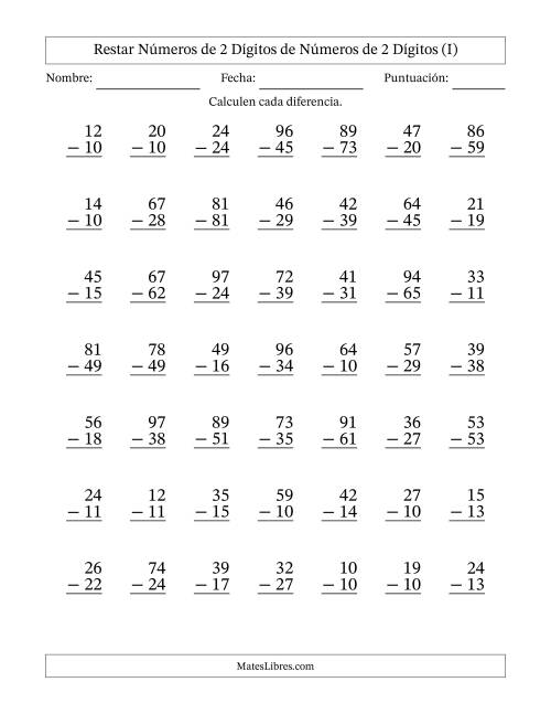 La hoja de ejercicios de Restar números de 2 dígitos de números de 2 dígitos, con acarreo en algunas preguntas (49 preguntas) (I)