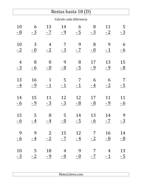 La hoja de ejercicios de 64 Restas Verticales con Minuendos de 0 a 18 (D)