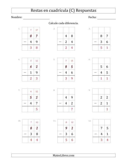 La hoja de ejercicios de Restar números de 2 dígitos, de números de 2 dígitos, con ayuda de una cuadrícula (C) Página 2
