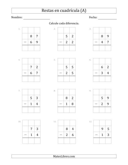 La hoja de ejercicios de Restar números de 2 dígitos, de números de 2 dígitos, con ayuda de una cuadrícula (Todas)