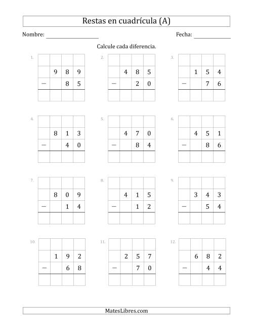 La hoja de ejercicios de Restar números de 2 dígitos, de números de 3 dígitos, con ayuda de una cuadrícula (A)