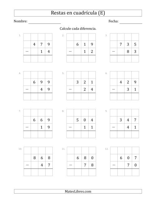 La hoja de ejercicios de Restar números de 2 dígitos, de números de 3 dígitos, con ayuda de una cuadrícula (E)