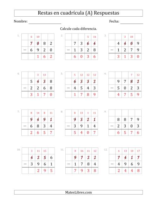 La hoja de ejercicios de Restar números de 4 dígitos, de números de 4 dígitos, con ayuda de una cuadrícula (A) Página 2