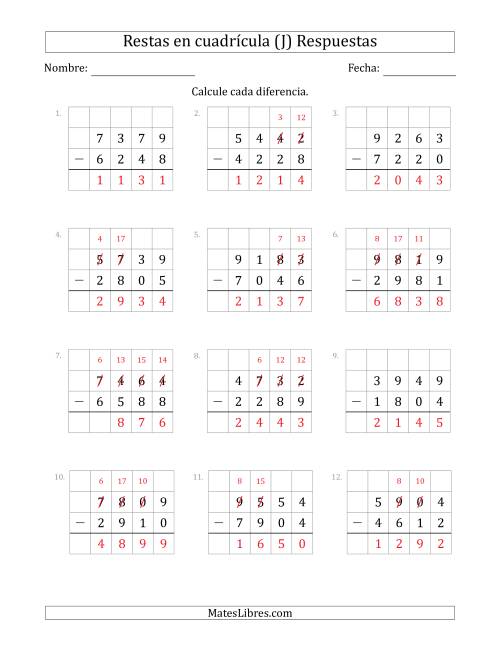 La hoja de ejercicios de Restar números de 4 dígitos, de números de 4 dígitos, con ayuda de una cuadrícula (J) Página 2
