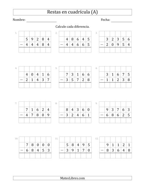 La hoja de ejercicios de Restar números de 5 dígitos, de números de 5 dígitos, con ayuda de una cuadrícula (A)