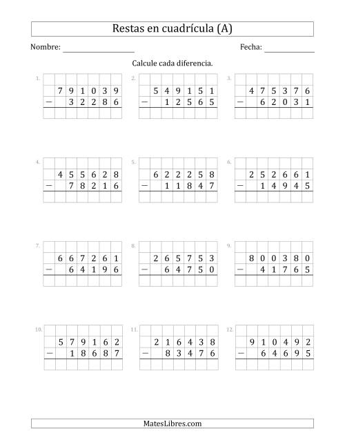La hoja de ejercicios de Restar números de 5 dígitos, de números de 6 dígitos, con ayuda de una cuadrícula (A)