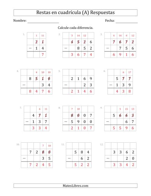 La hoja de ejercicios de Restar números de 2 a 4 dígitos, de números de 2 a 4 dígitos, con ayuda de una cuadrícula (A) Página 2