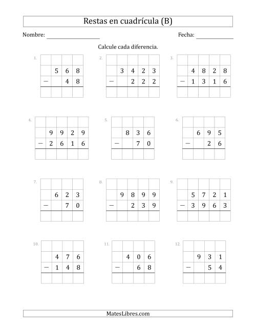 La hoja de ejercicios de Restar números de 2 a 4 dígitos, de números de 2 a 4 dígitos, con ayuda de una cuadrícula (B)