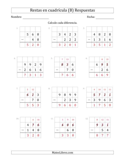 La hoja de ejercicios de Restar números de 2 a 4 dígitos, de números de 2 a 4 dígitos, con ayuda de una cuadrícula (B) Página 2