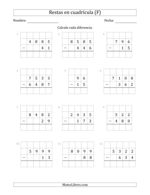 La hoja de ejercicios de Restar números de 2 a 4 dígitos, de números de 2 a 4 dígitos, con ayuda de una cuadrícula (F)