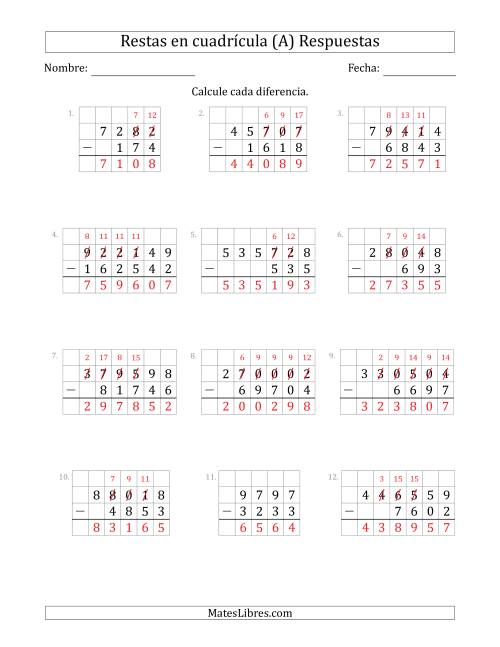 La hoja de ejercicios de Restar números de 3 a 6 dígitos, de números de 3 a 6 dígitos, con ayuda de una cuadrícula (A) Página 2