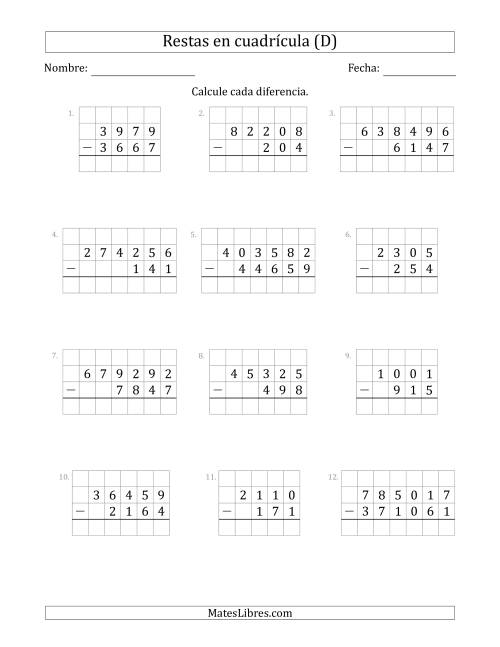 La hoja de ejercicios de Restar números de 3 a 6 dígitos, de números de 3 a 6 dígitos, con ayuda de una cuadrícula (D)
