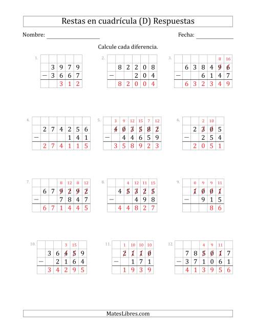 La hoja de ejercicios de Restar números de 3 a 6 dígitos, de números de 3 a 6 dígitos, con ayuda de una cuadrícula (D) Página 2