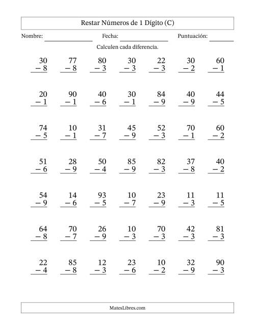 La hoja de ejercicios de Restar números de 1 dígito con acarreo en todas las preguntas (49 preguntas) (C)