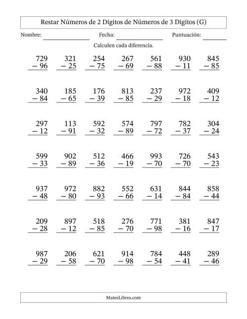 La hoja de ejercicios de Restar números de 2 dígitos de números de 3 dígitos, con acarreo en algunas preguntas (49 preguntas) (G)
