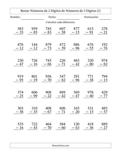 La hoja de ejercicios de Restar números de 2 dígitos de números de 3 dígitos, con acarreo en algunas preguntas (49 preguntas) (J)