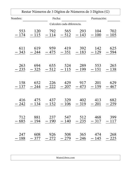 La hoja de ejercicios de Restar números de 3 dígitos de números de 3 dígitos, con acarreo en algunas preguntas (49 preguntas) (G)