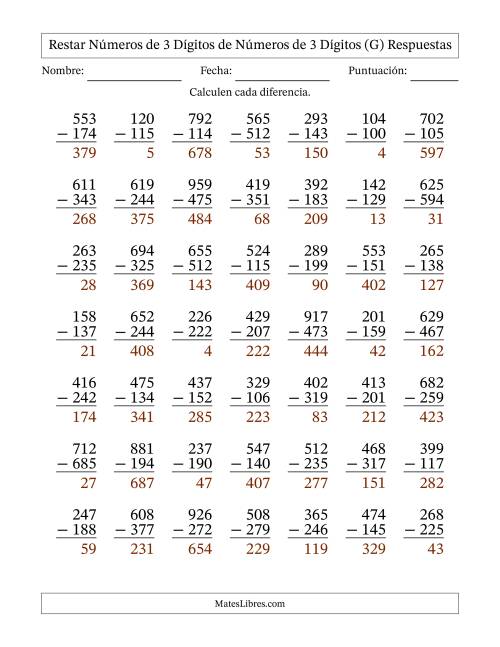 La hoja de ejercicios de Restar números de 3 dígitos de números de 3 dígitos, con acarreo en algunas preguntas (49 preguntas) (G) Página 2