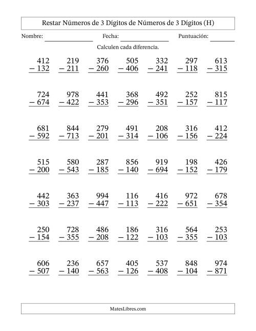La hoja de ejercicios de Restar números de 3 dígitos de números de 3 dígitos, con acarreo en algunas preguntas (49 preguntas) (H)