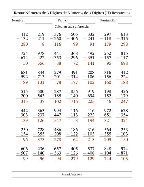 La hoja de ejercicios de Restar números de 3 dígitos de números de 3 dígitos, con acarreo en algunas preguntas (49 preguntas) (H) Página 2