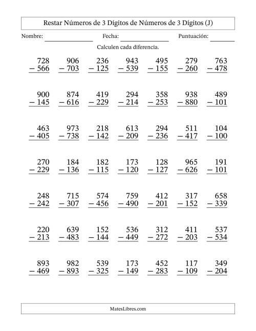 La hoja de ejercicios de Restar números de 3 dígitos de números de 3 dígitos, con acarreo en algunas preguntas (49 preguntas) (J)