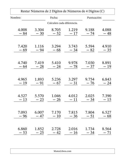 La hoja de ejercicios de Restar números de 2 dígitos de números de 4 dígitos, con acarreo en algunas preguntas (42 preguntas) (Punto como separador de millares) (C)