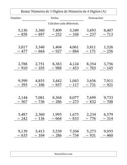 Restar números de 3 dígitos de números de 4 dígitos, con acarreo en algunas preguntas (42 preguntas) (Coma como separador de millares)